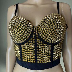 Ladies Cropped Top Corsets With Rivets Studs Size 40B Large Gold Black Bustiers